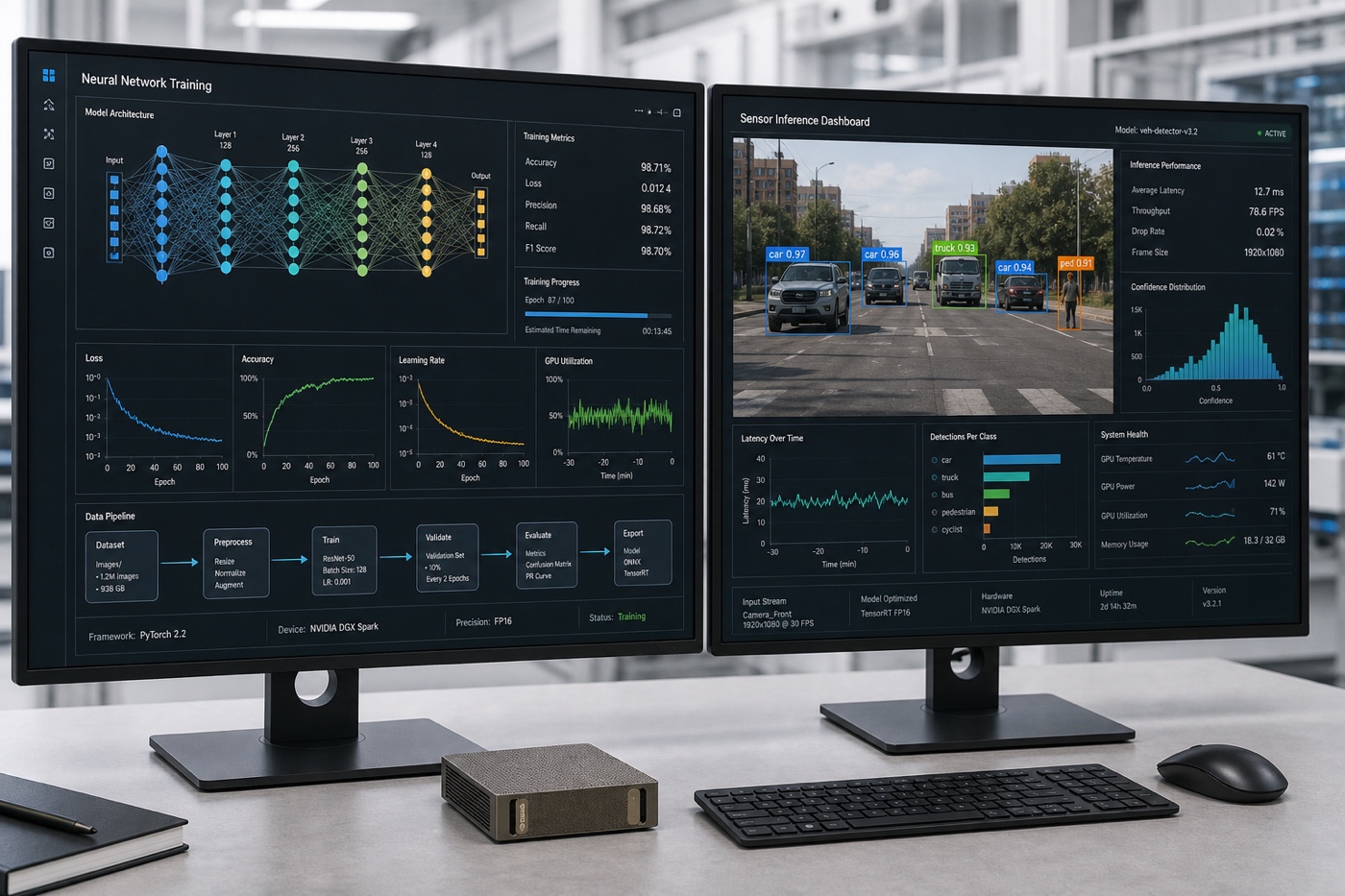Neural-network training and sensor-inference dashboards above a compact DGX Spark AI computer
