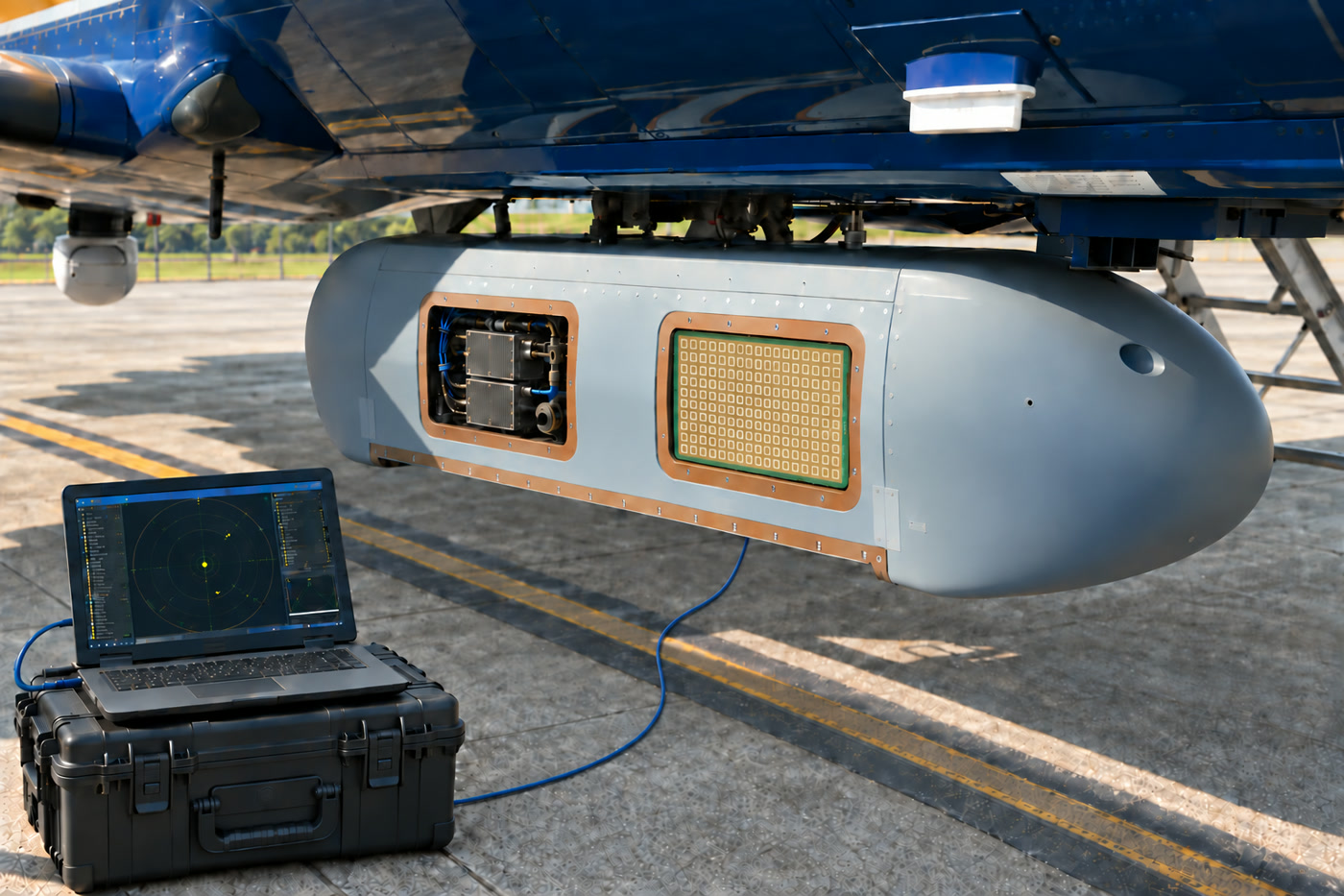 252-element 18-by-14 C-band phased-array radar in an aircraft pod, connected by Ethernet to a rugged target-tracking laptop