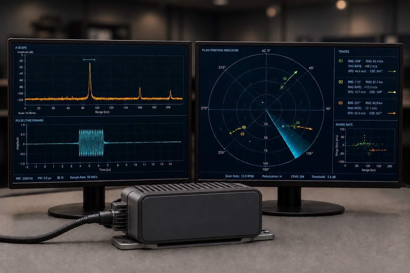 Automotive radar sensor with A-scope and target-tracking displays
