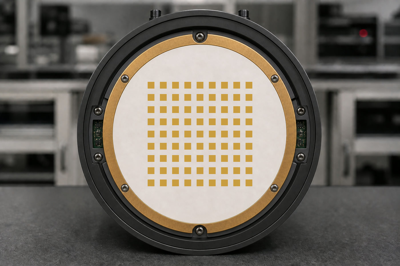 Close-up of a Ka-band seeker patch antenna array with a uniform half-wavelength element lattice