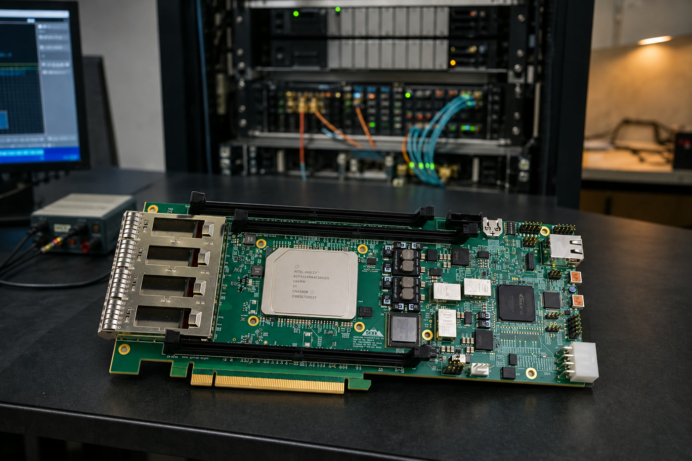 Vortex high-performance compute board on a laboratory bench with server equipment behind it