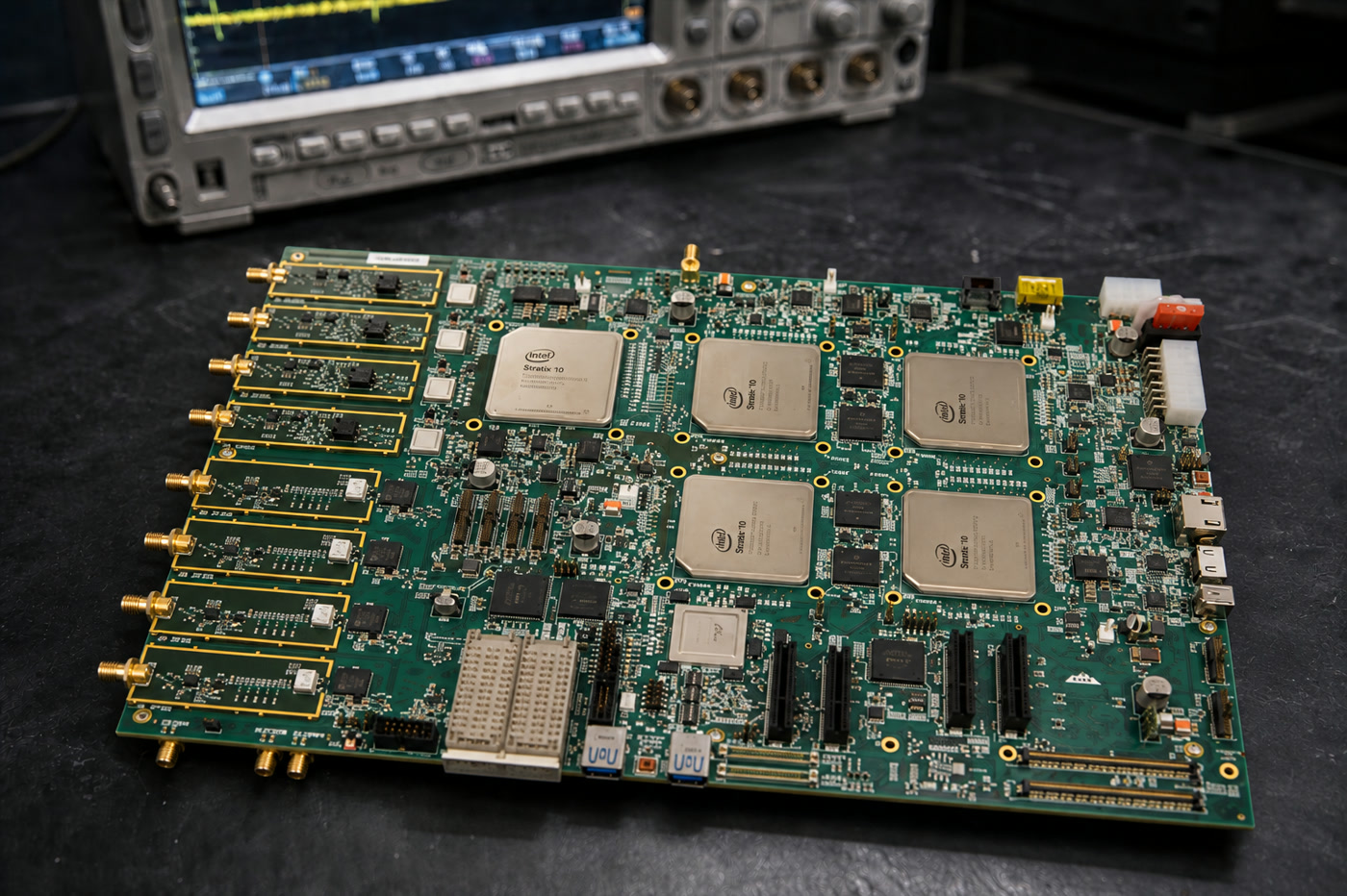 High-performance digital processing board on a laboratory bench with an oscilloscope behind it
