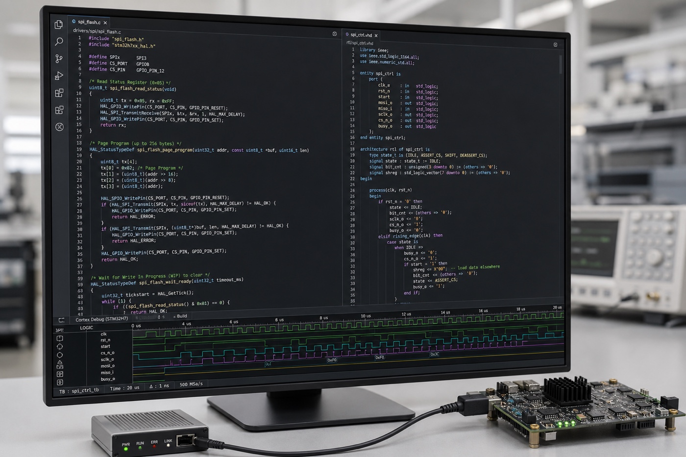 Embedded C and VHDL source code with digital timing waveforms above an FPGA development target